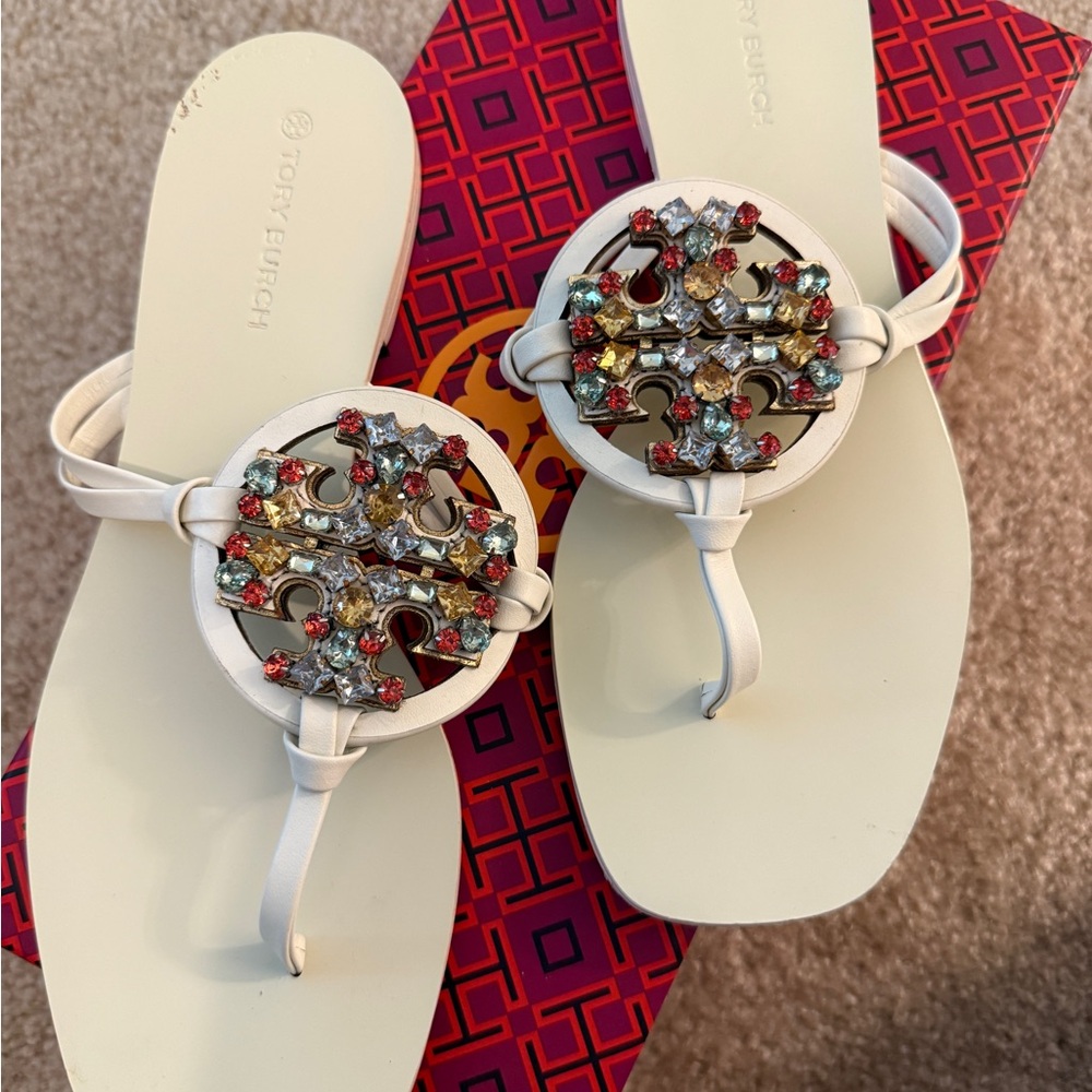 Tory Burch White Crystal Miller Sandals